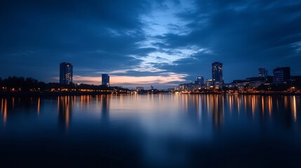 Aufkleber - Stunning city skyline at dusk with lights reflecting on calm water in a serene setting : Generative AI