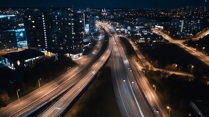 Poster - Breathtaking aerial view of a bustling city highway illuminated at night with vibrant lights : Generative AI