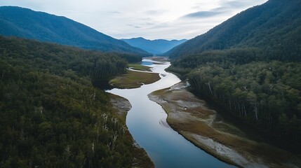 Poster - Breathtaking aerial view of a winding river surrounded by lush green mountains and hills in a serene landscape : Generative AI