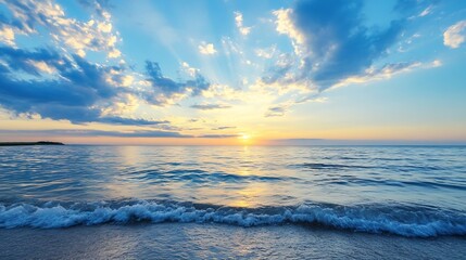 Poster - Breathtaking Sunset Over Tranquil Ocean Waves Reflecting Golden Light : Generative AI