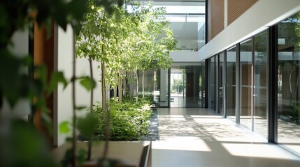 Poster - Modern interior of a plantfilled indoor space featuring large windows and natural light enhancing lush greenery : Generative AI