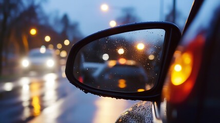 Aufkleber - Raindrops on a Car Side Mirror Reflecting City Lights at Night : Generative AI