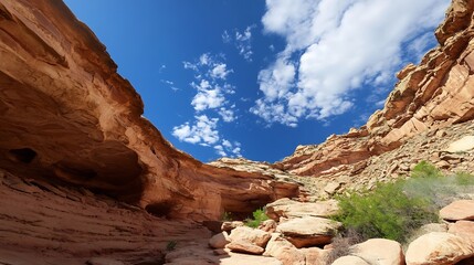 Aufkleber - Breathtaking panoramic view of rocky canyon under bright blue sky with fluffy clouds : Generative AI