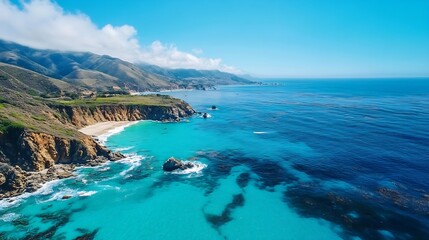 Aufkleber - Breathtaking Aerial View of Turquoise Ocean Meeting Serene Coastal Landscape : Generative AI
