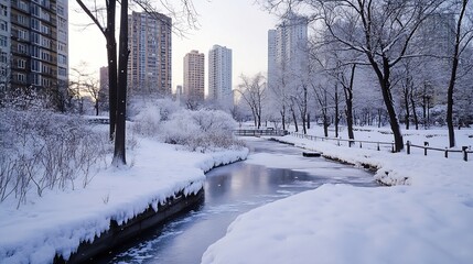 Poster - Winter scene showcasing a snowy park with trees and buildings surrounding a frozen creek : Generative AI