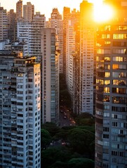 Fototapete - Breathtaking sunset illuminating the city skyline with towering buildings in silhouette : Generative AI