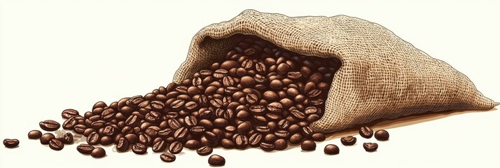 Poster - Fresh roasted coffee beans spilling from burlap sack, showcasing the essence of coffee production and trade