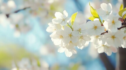 Poster - Delicate cherry blossom flowers blooming against a soft blue sky in springtime : Generative AI