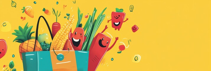 Poster - Groceries joyfully jumping into a shopping bag in a colorful cartoon illustration with a cheerful atmosphere and bright colors