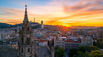 Aufkleber - Stunning panoramic view of Barcelona city at sunset with vibrant colors illuminating the skyline : Generative AI