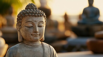 Poster - Closeup of a serene Buddha statue captured in warm light at a tranquil outdoor setting : Generative AI