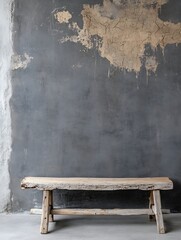 Aufkleber - Rustic wooden bench against a weathered wall showcasing minimalist design in an urban setting : Generative AI