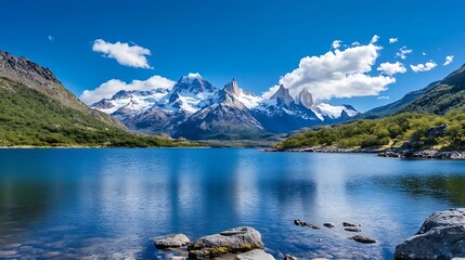 Aufkleber - Stunning landscape of mountains reflecting in a tranquil lake under a clear blue sky : Generative AI