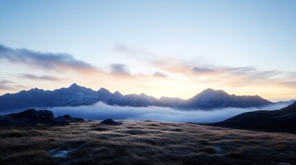 Aufkleber - Breathtaking mountain landscape at dawn with mist rolling through valleys under early morning light : Generative AI