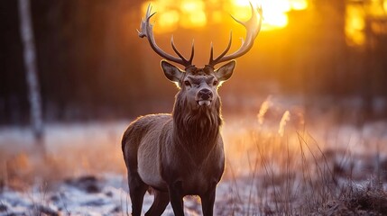Poster - Majestic Stag with Impressive Antlers in a Luminous Sunset Landscape : Generative AI