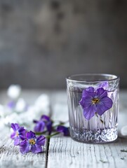 Poster - Elegant violet flower in crystal glass with soft focus on wooden table for serene decoration : Generative AI