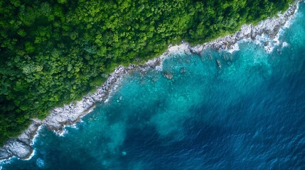 Aufkleber - Aerial view of coastal area with vibrant greenery and blue water : Generative AI