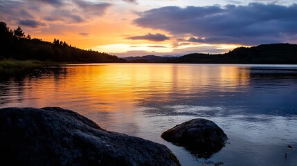 Poster - Stunning sunset over serene lake with vibrant colors reflected in the water during a peaceful evening : Generative AI