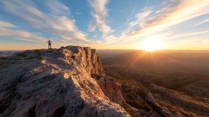 Poster - Breathtaking sunset view from a mountain top with a person standing confidently overlooking the landscape : Generative AI