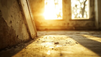 Aufkleber - Charming closeup of sunlit floor with dust particles and vintage texture in a nostalgic room : Generative AI