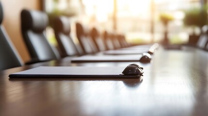 Fototapete - Modern conference room setup with a long table ready for corporate meetings and teamwork : Generative AI