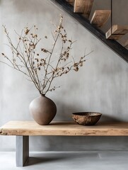 Poster - Minimalist interior design with a vase and dried branches on a wooden table in a modern space : Generative AI