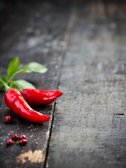 Poster - Two Bright Red Chili Peppers on a Rustic Wooden Surface with Fresh Green Leaves : Generative AI