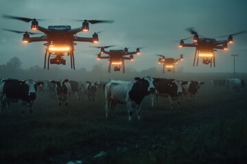 Aufkleber - Fleet of autonomous drones scanning cows with glowing sensors in a futuristic farming setting at dusk