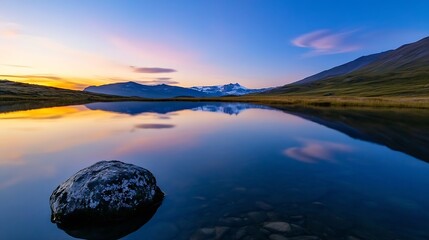 Aufkleber - Serene twilight landscape with calm water reflecting colorful sky and majestic mountains : Generative AI