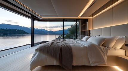 Aufkleber - Stylish modern bedroom with stunning lake view through large glass windows at sunset : Generative AI