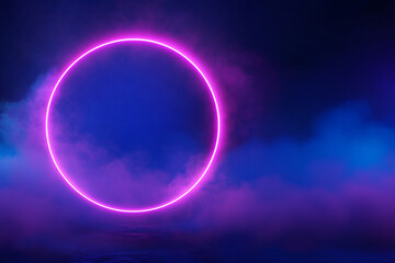 Wall Mural - neon violet ring shrouded in smoke or fog. dark background. glow effect. 3d rendering. modern style.