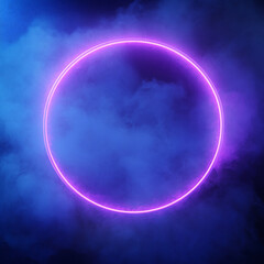 Wall Mural - neon violet ring shrouded in smoke or fog. dark background. glow effect. 3d rendering. modern style.