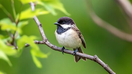 Poster - Beautiful sparrow perched on a branch against a lush green background in springtime : Generative AI