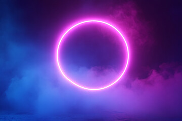 Wall Mural - neon violet ring shrouded in smoke or fog. dark background. glow effect. 3d rendering. modern style.