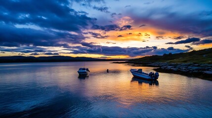 Poster - Stunning sunset over calm waters with boats reflecting a peaceful evening atmosphere in nature : Generative AI