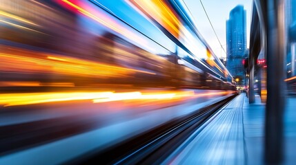 Poster - Dynamic motion blur of a speeding train passing through a cityscape at dusk : Generative AI