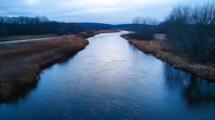 Aufkleber - Peaceful river flowing through a tranquil landscape under a cloudy sky reflecting the surroundings : Generative AI