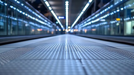 Aufkleber - Perspective view of a modern bright subway station with illuminated lights and tiled surface leading to trains : Generative AI