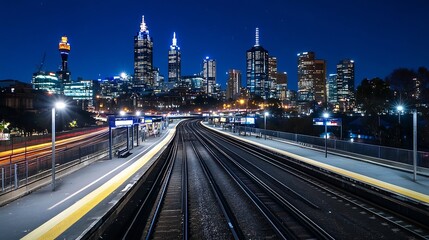 Poster - Vibrant city skyline at night with illuminated buildings and dynamic train tracks in view : Generative AI