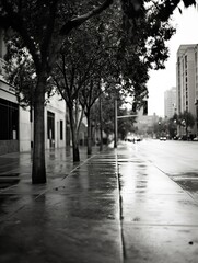 Poster - Urban Street Scene After Rain Showcasing Scenic Reflections in Black and White : Generative AI