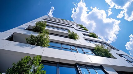 Leinwandbilder - Modern urban building with a sleek design featuring green balconies under bright blue sky : Generative AI