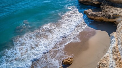 Aufkleber - Stunning aerial view of waves crashing onto a sandy beach under clear blue skies : Generative AI