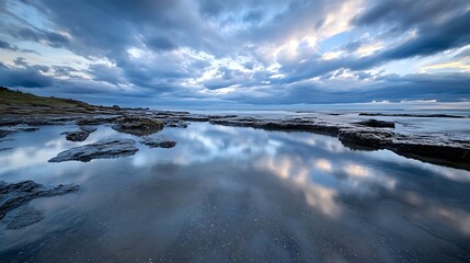Aufkleber - Breathtaking coastal landscape reflecting colorful skies at sunset over tranquil waters : Generative AI