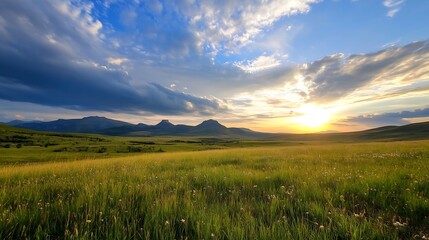 Aufkleber - Stunning sunset over a vast grassy field with majestic mountains in the background capturing the beauty of nature : Generative AI