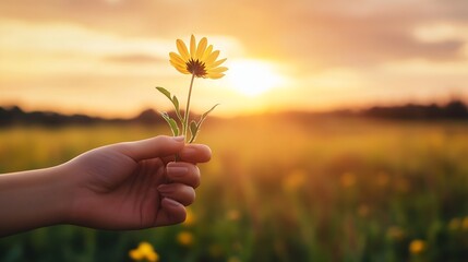 Aufkleber - Hand holding a bright yellow flower at sunset in a beautiful natural field : Generative AI