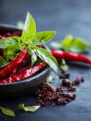 Poster - Fresh red chili peppers and green basil leaves in a rustic bowl : Generative AI