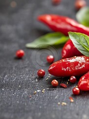 Poster - Vibrant red chili peppers along with fresh green basil leaves arranged on a dark surface : Generative AI