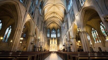 Aufkleber - Magnificent view of a grand cathedral interior showcasing stunning architecture and beautiful stained glass windows : Generative AI