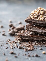 Aufkleber - Rich dark chocolate bars stacked with crunchy nuts on a textured background showcasing enticing gourmet treats : Generative AI