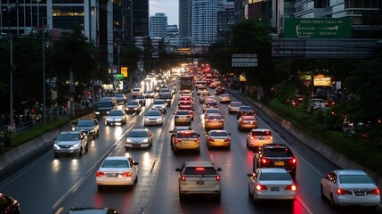 Poster - Busy city street captured during evening rush hour with a stream of headlights : Generative AI